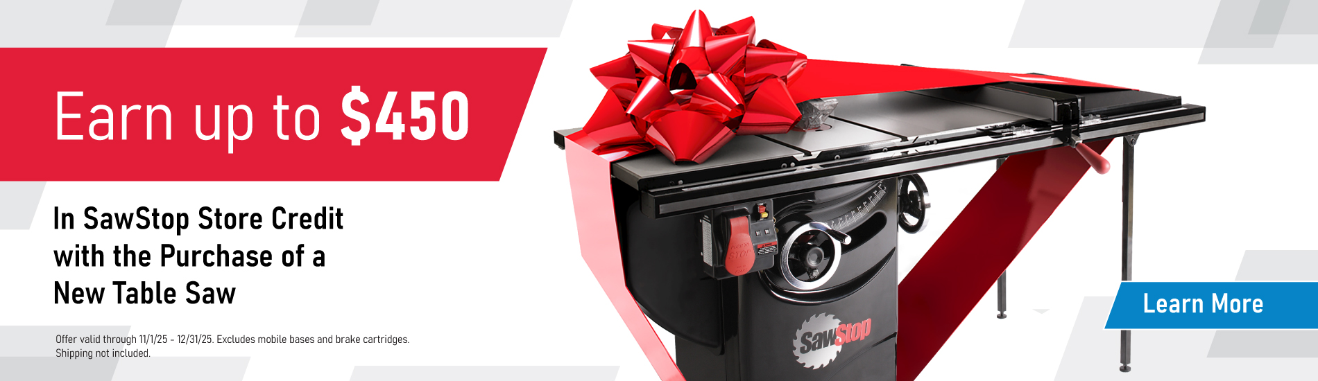 Earn up to $450 in SawStop Store Credit with the Purchase of a New Table Saw